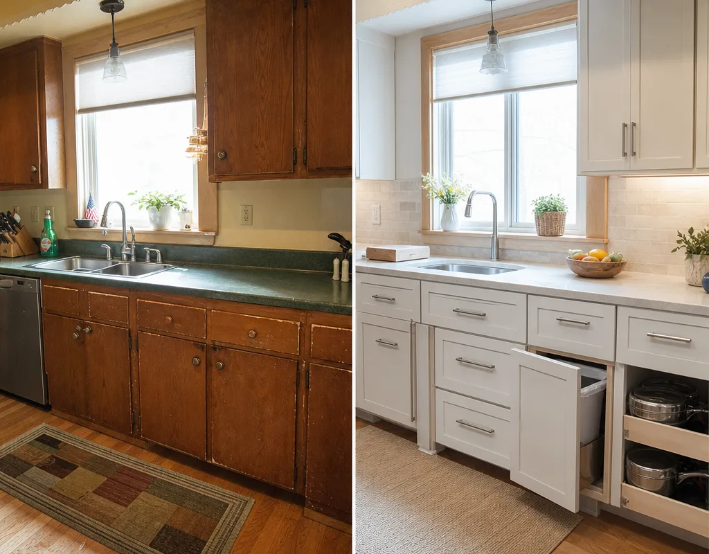 Before and after of a dated kitchen cabinet run replaced with deeper drawers, a trash pull-out, and improved corner access