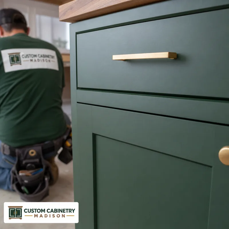 Close-up of a shaker cabinet door and drawer front with consistent reveals and a clean painted finish