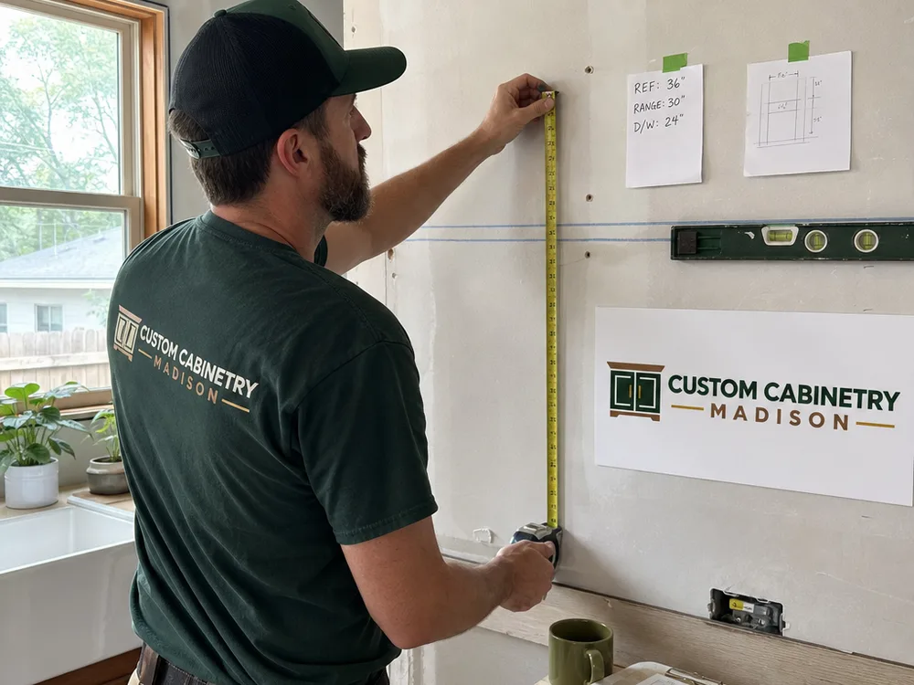 Cabinetmaker measuring a Madison kitchen wall and noting appliance clearances