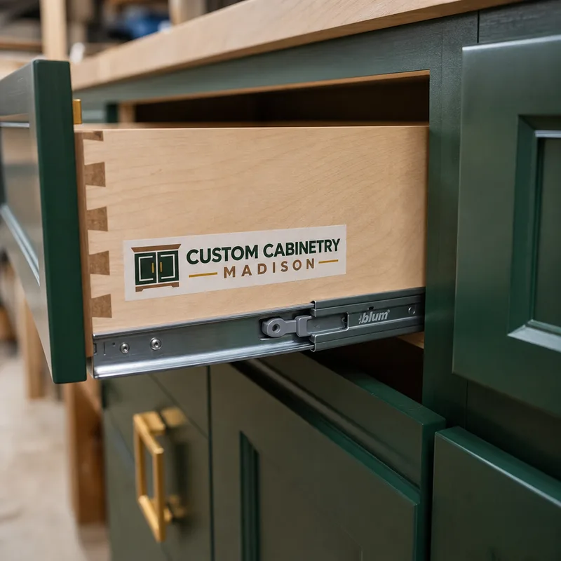 Close-up of custom cabinet drawer construction, a soft-close undermount slide, and consistent reveals between drawer fronts