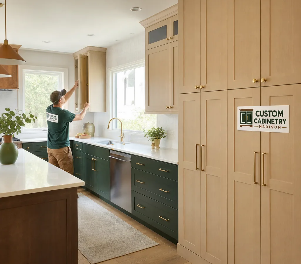 Bright Madison kitchen with custom base and wall cabinets, clean reveals, and a built-in pantry wall in natural daylight