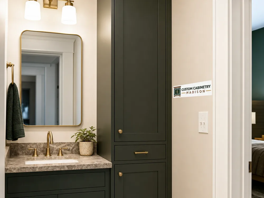 Tall linen cabinet beside a matching bathroom vanity with a clean scribed fit against an uneven wall