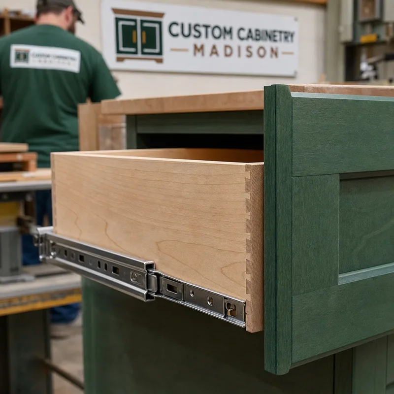 Close-up of a cabinet drawer box, full-extension slide, tight joinery, and aligned drawer front