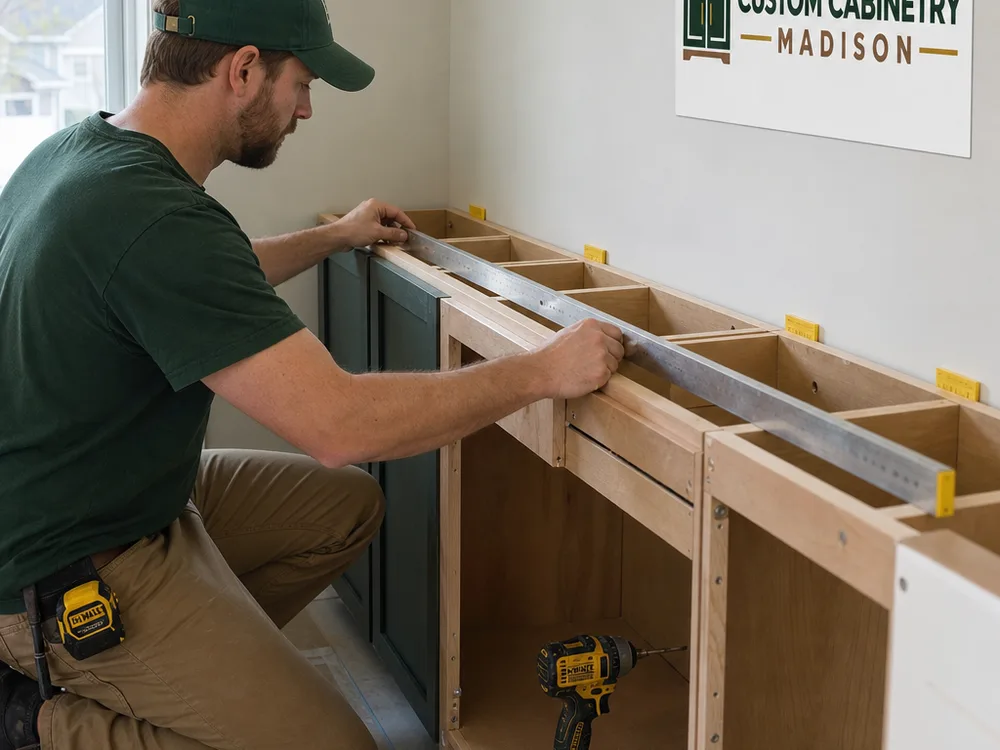 Installer measuring and dry-fitting storage base cabinets with leveling shims and a straightedge