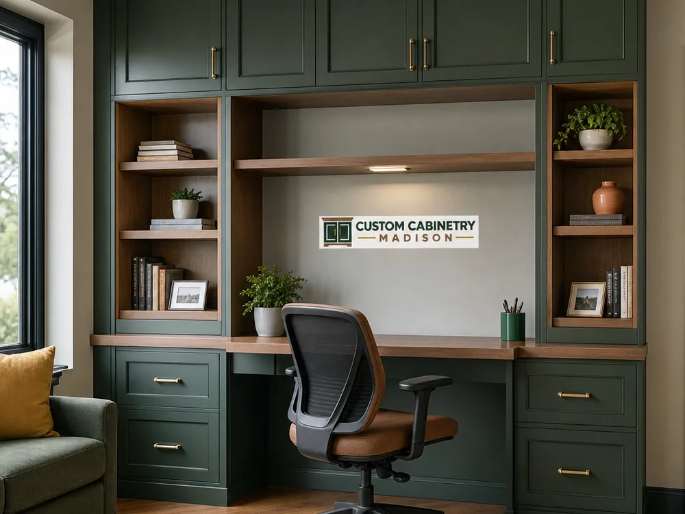 Home office built-in with upper cabinet doors, open shelves, file drawers, and a desk niche