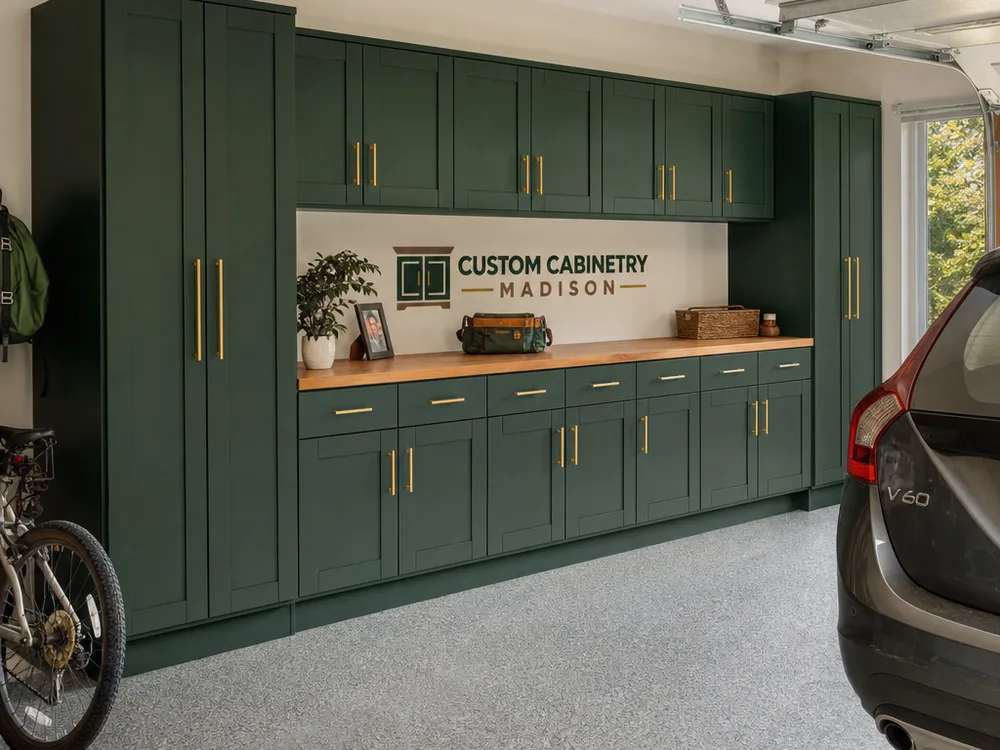 Full-wall garage cabinet installation with wall and base cabinets, a long countertop, and clear parking space