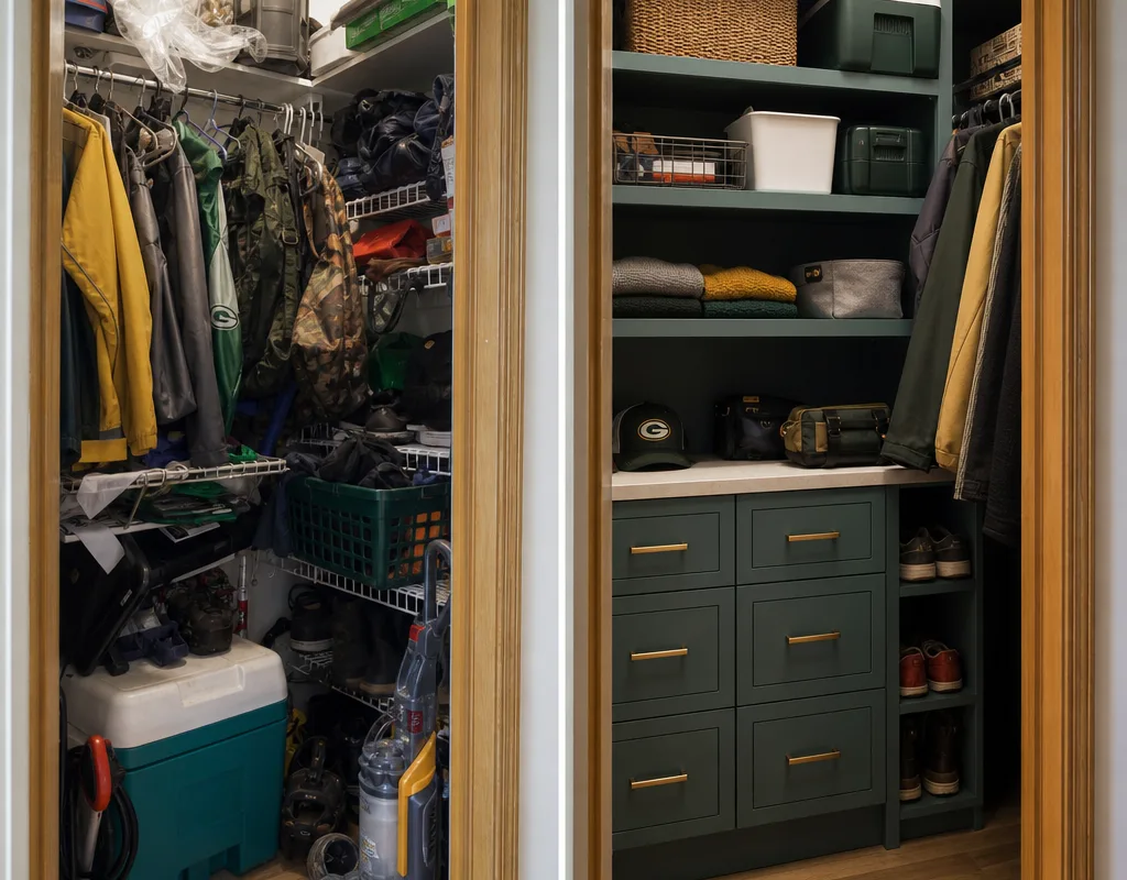 Before and after comparison of a cluttered reach-in closet upgraded with cabinet bases, drawers and organized shelving