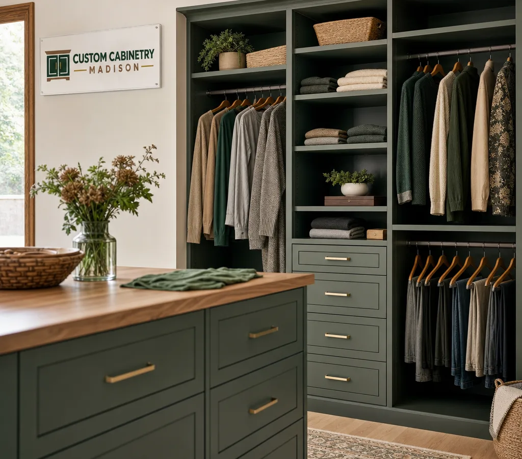 Finished walk-in closet in a Madison home with built-in closet cabinets, drawers, and hanging sections in a clean modern finish