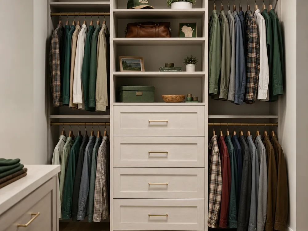 Walk-in closet cabinet run with a central drawer stack, open shelves and double-hang sections in a light neutral finish
